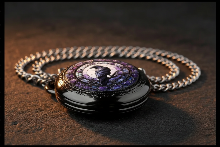 Low angle stained glass raven watch