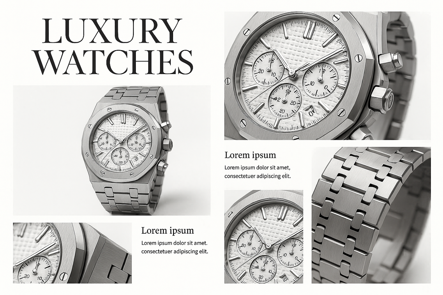 Luxury catalog layout - OAK WHITE SILVER chronograph