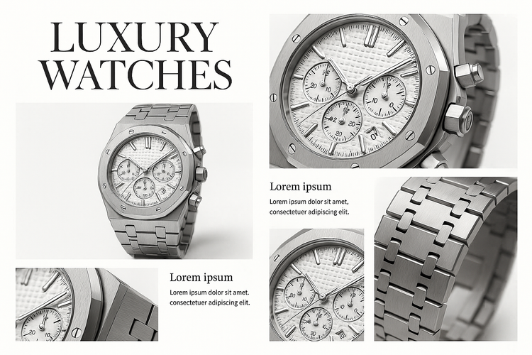 Luxury catalog layout - OAK WHITE SILVER chronograph