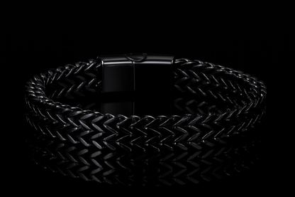 Multiple angles of the shiny black bracelet on black table