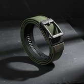 Olive green tactical belt on dark slate background