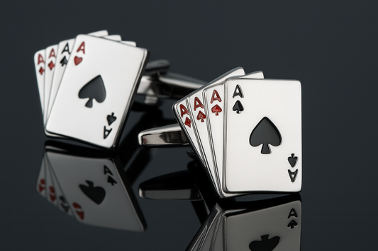 Playing card cufflinks from multiple angles on reflective surface