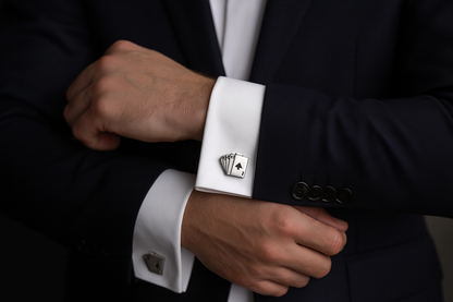 Playing card cufflinks on navy suit with white dress shirt