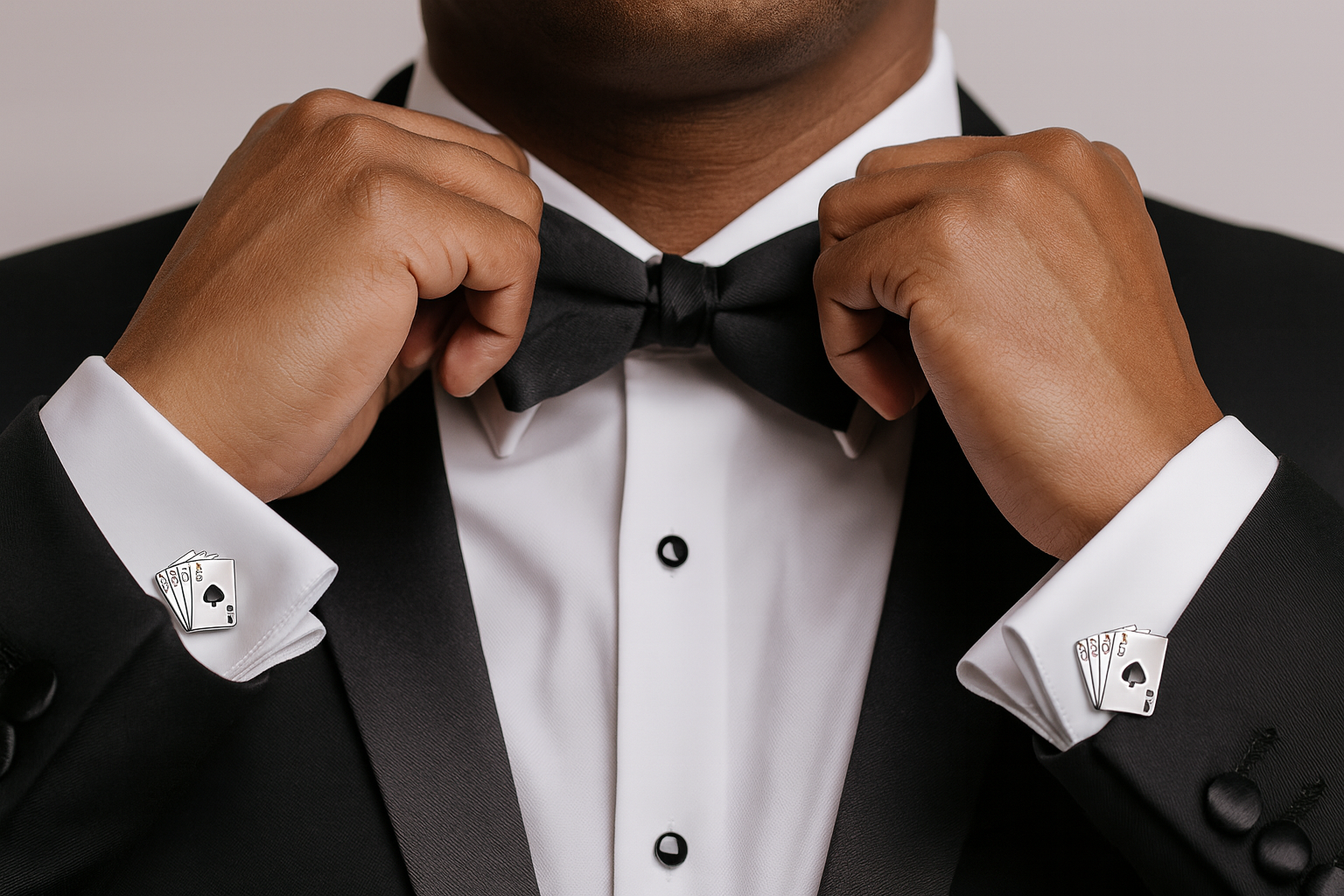 Playing card cufflinks with black tuxedo and bow tie