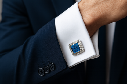 Professional businessman wearing a suit with elegant Greek key cufflinks