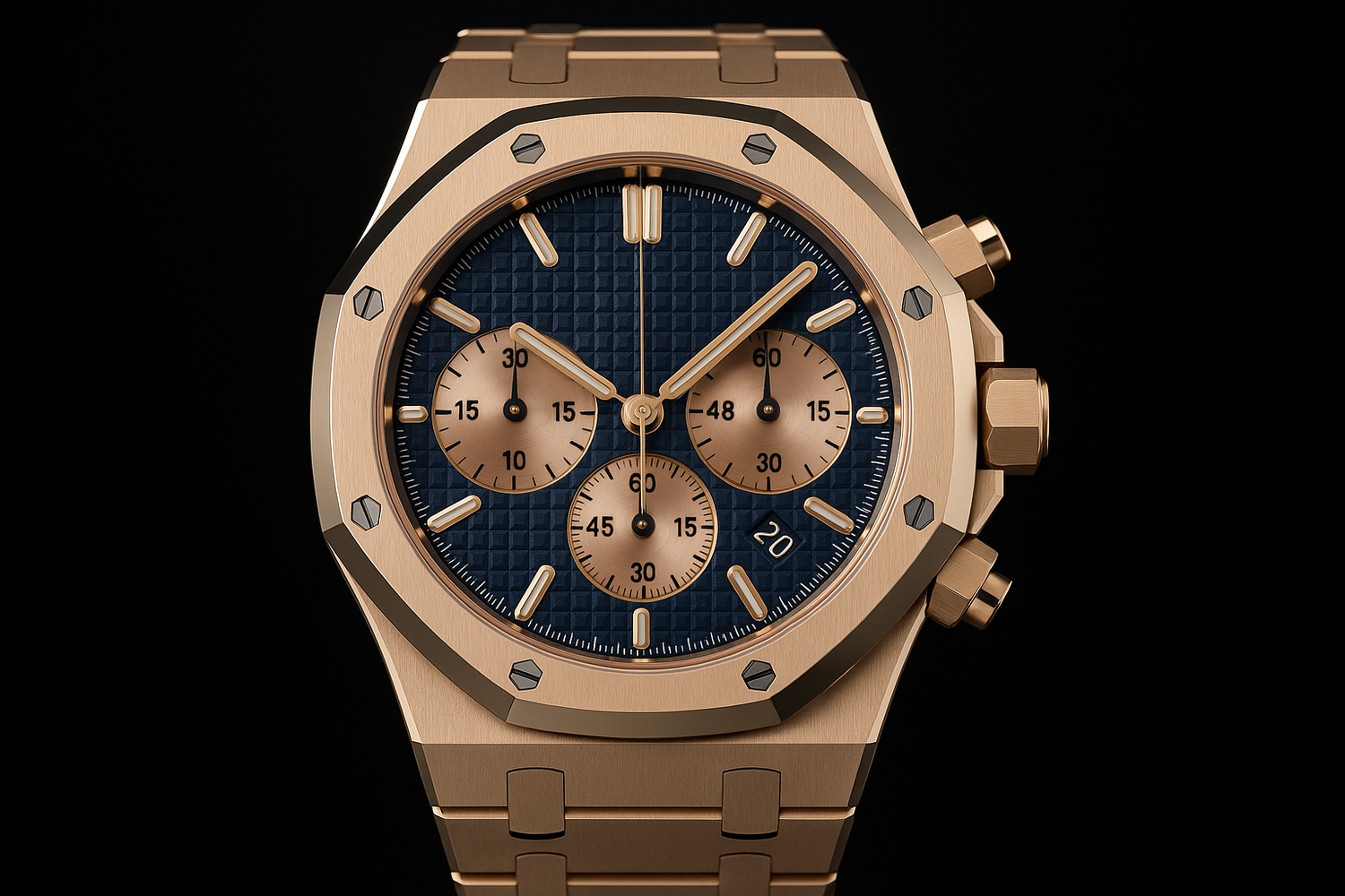 Professional multi-angle shots of rose gold watch with blue dial