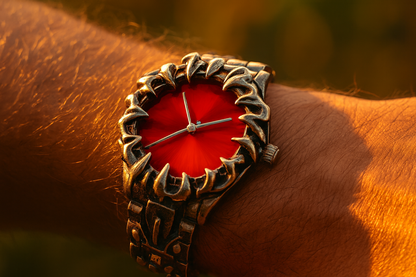 Red gothic spike watch worn - golden hour lighting