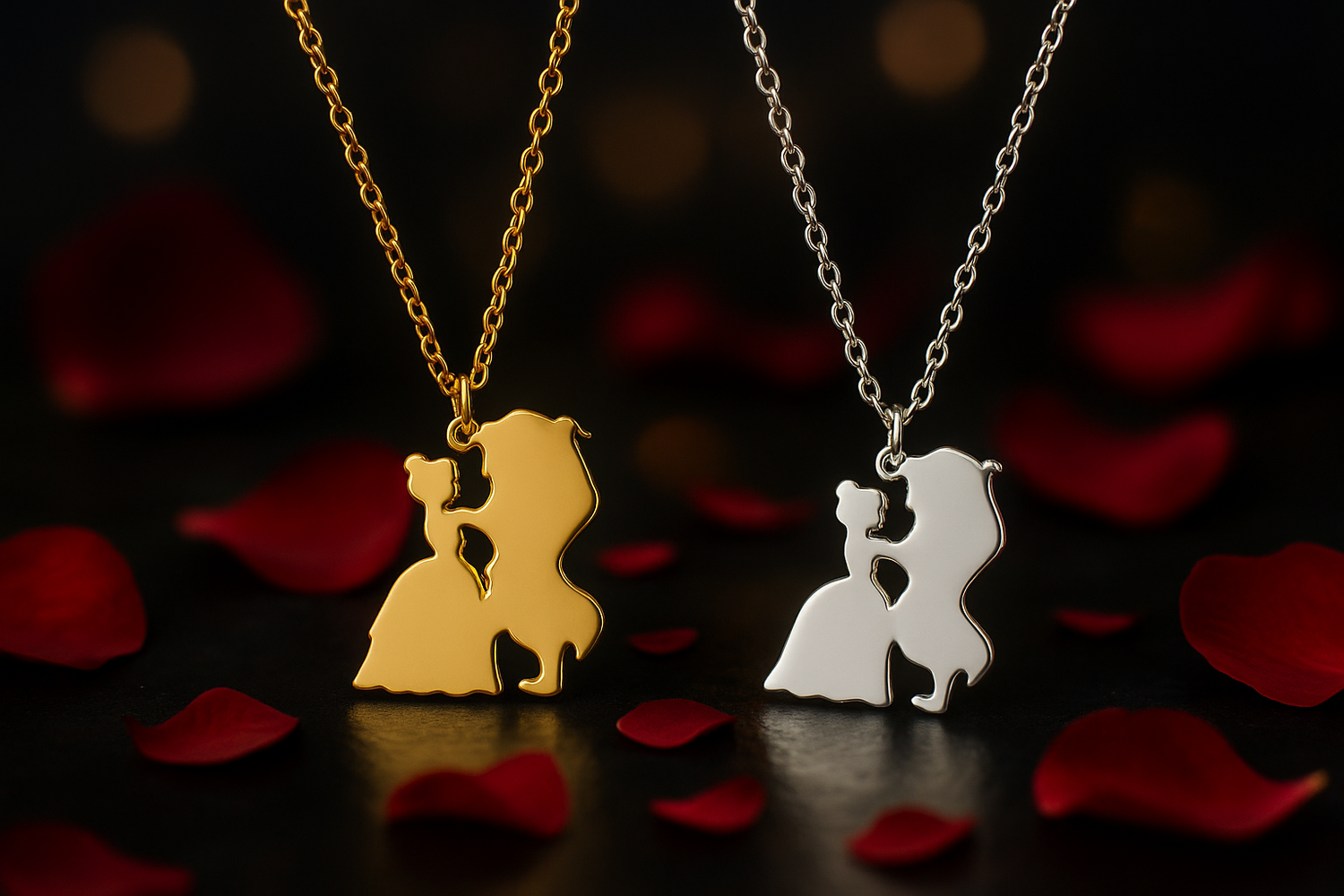 Romantic dark scene with both necklaces