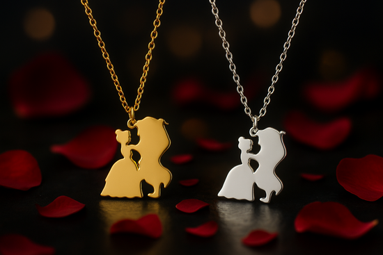 Romantic dark scene with both necklaces