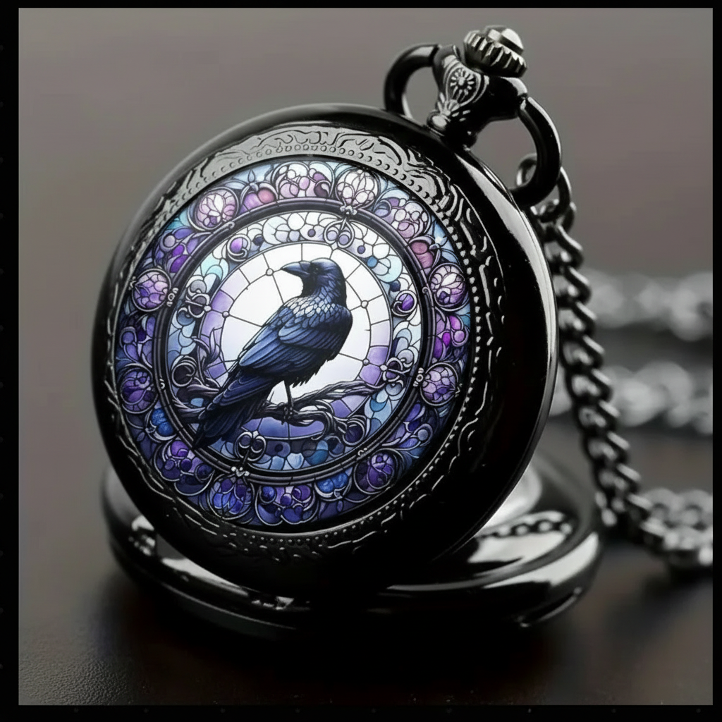 Side close-up stained glass raven watch