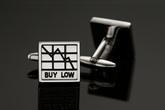 Silver BUY LOW SELL HIGH cufflinks with stock chart design