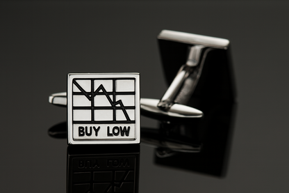 Silver BUY LOW SELL HIGH cufflinks with stock chart design