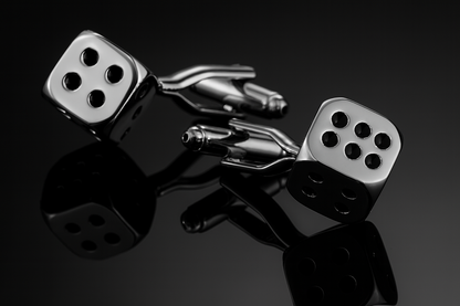 Silver dice cufflinks dramatic low angle perspective
