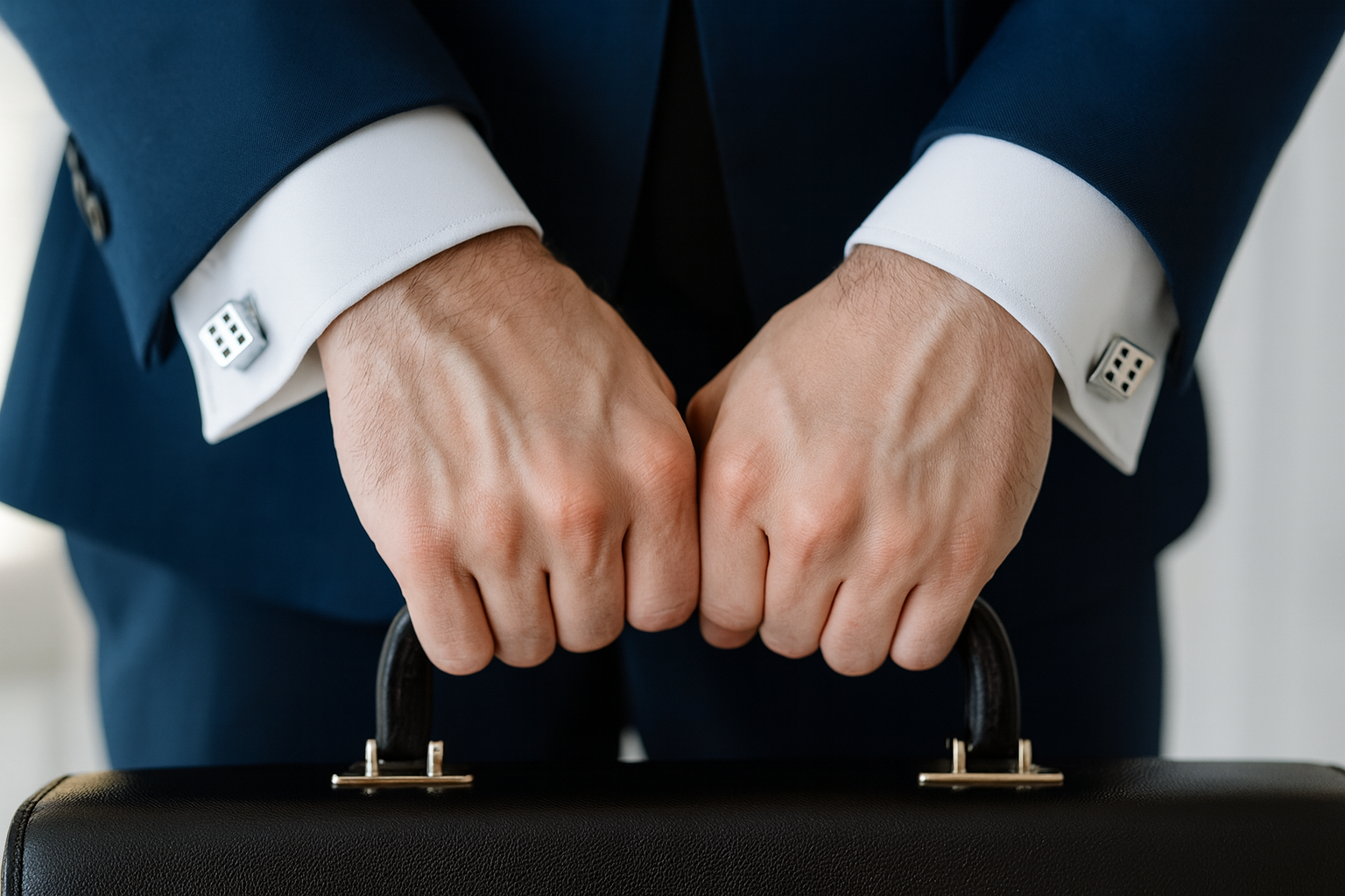 Silver dice cufflinks on navy suit in business setting