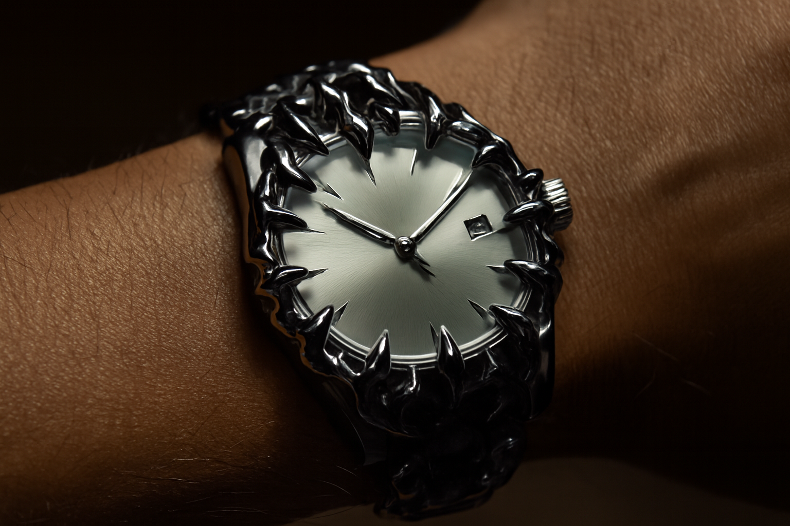 Silver gothic spike watch worn - close-up detail