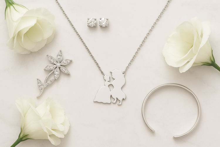 Silver necklace elegant flat lay