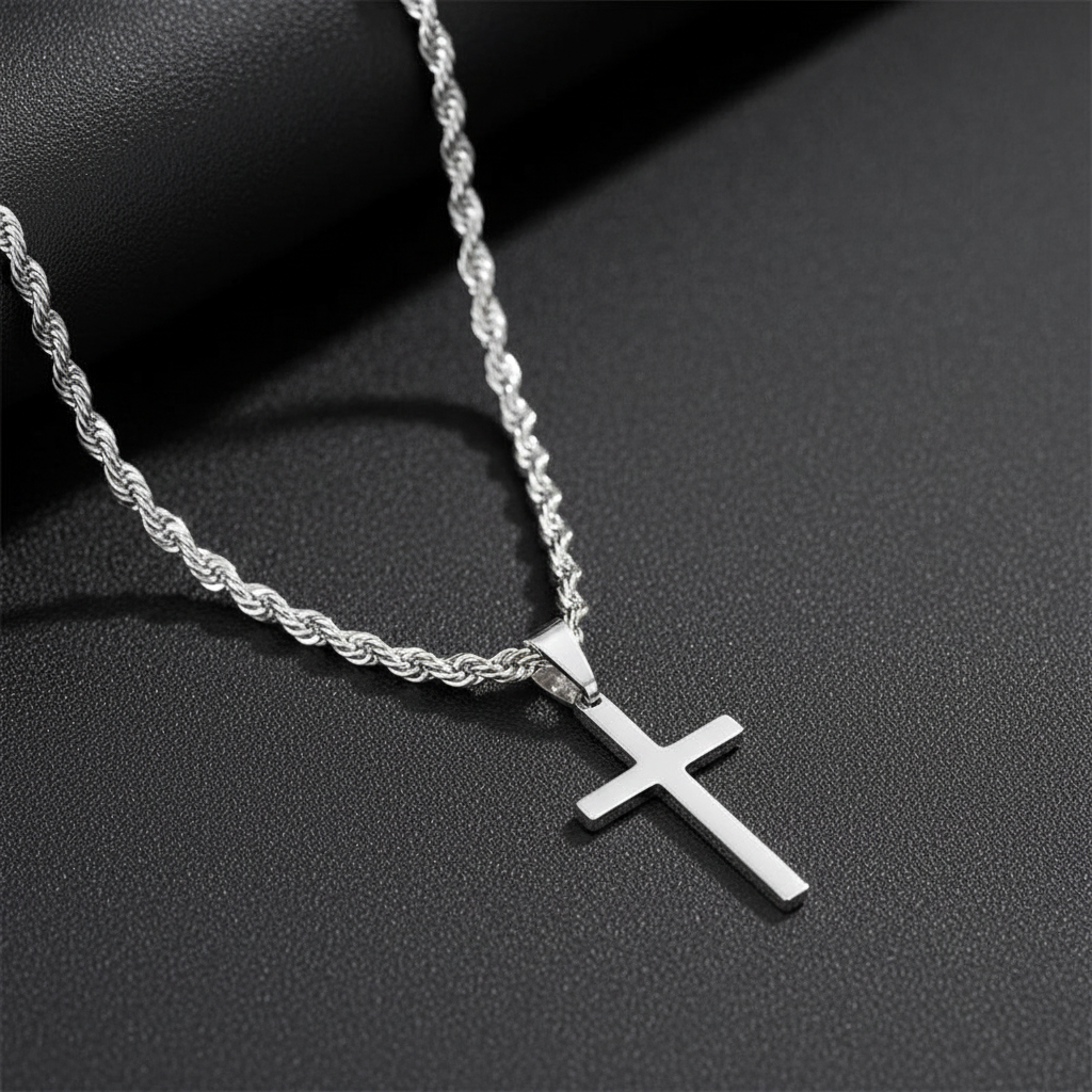 Silver rope chain necklace with cross pendant on dark background