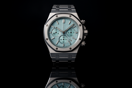 Silver watch with light blue dial - dramatic reflection