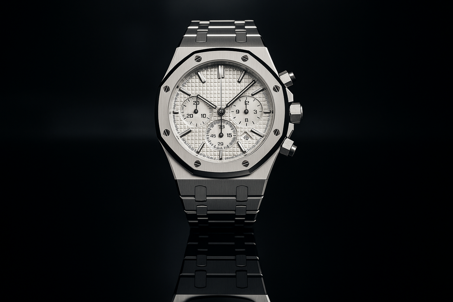 Silver watch with white dial - dramatic reflection