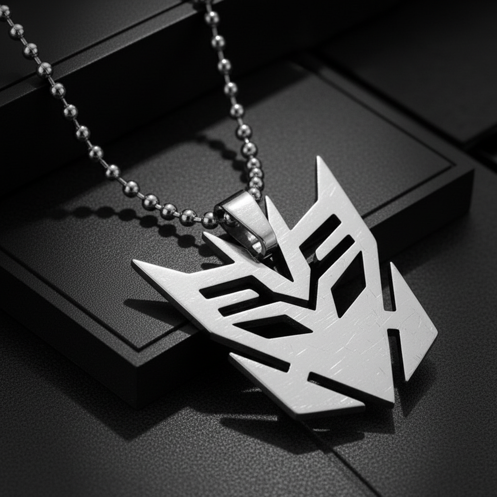 Super extreme macro close-up of Decepticon necklace