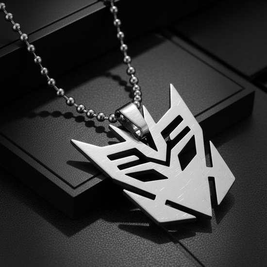 Super extreme macro close-up of Decepticon necklace