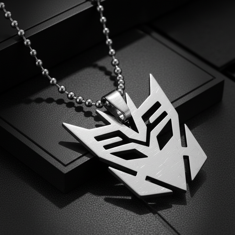 Super extreme macro close-up of Decepticon necklace