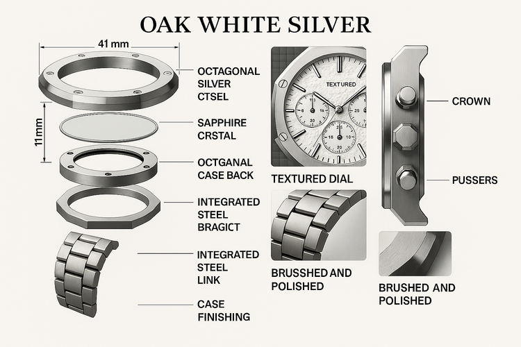 Technical specifications - OAK WHITE SILVER chronograph