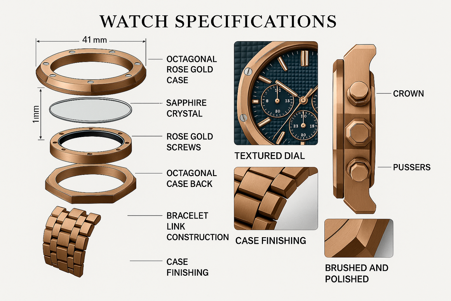 Updated watch specifications with crown and pushers