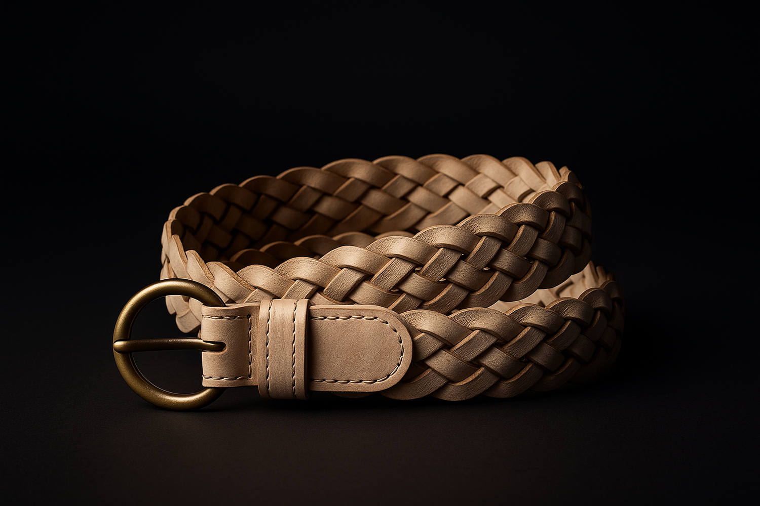 Vintage braided beige cowhide belt with dark background