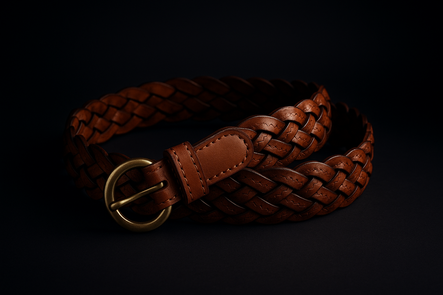 Vintage braided brown cowhide belt with dark background
