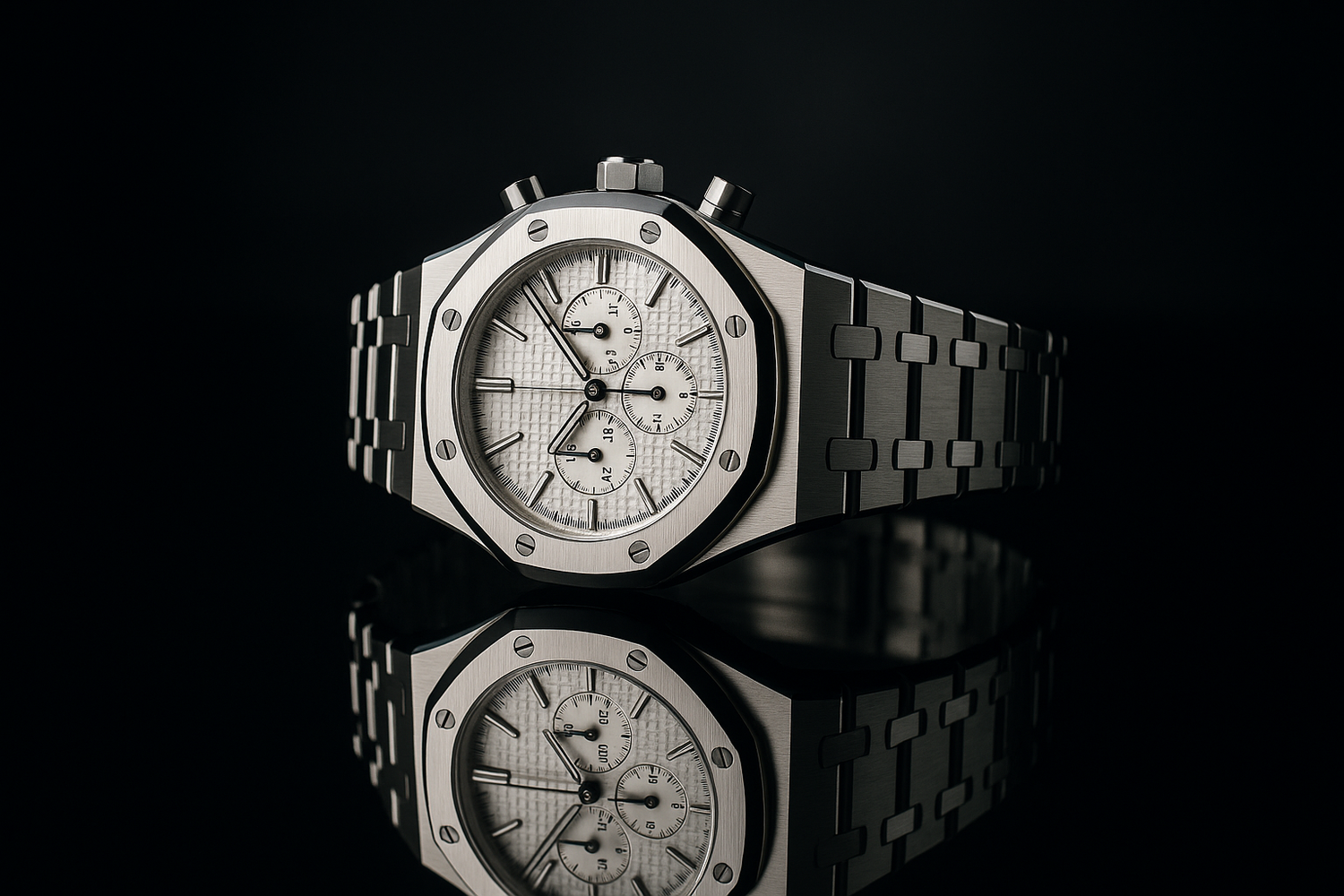 White dial watch side profile with reflection