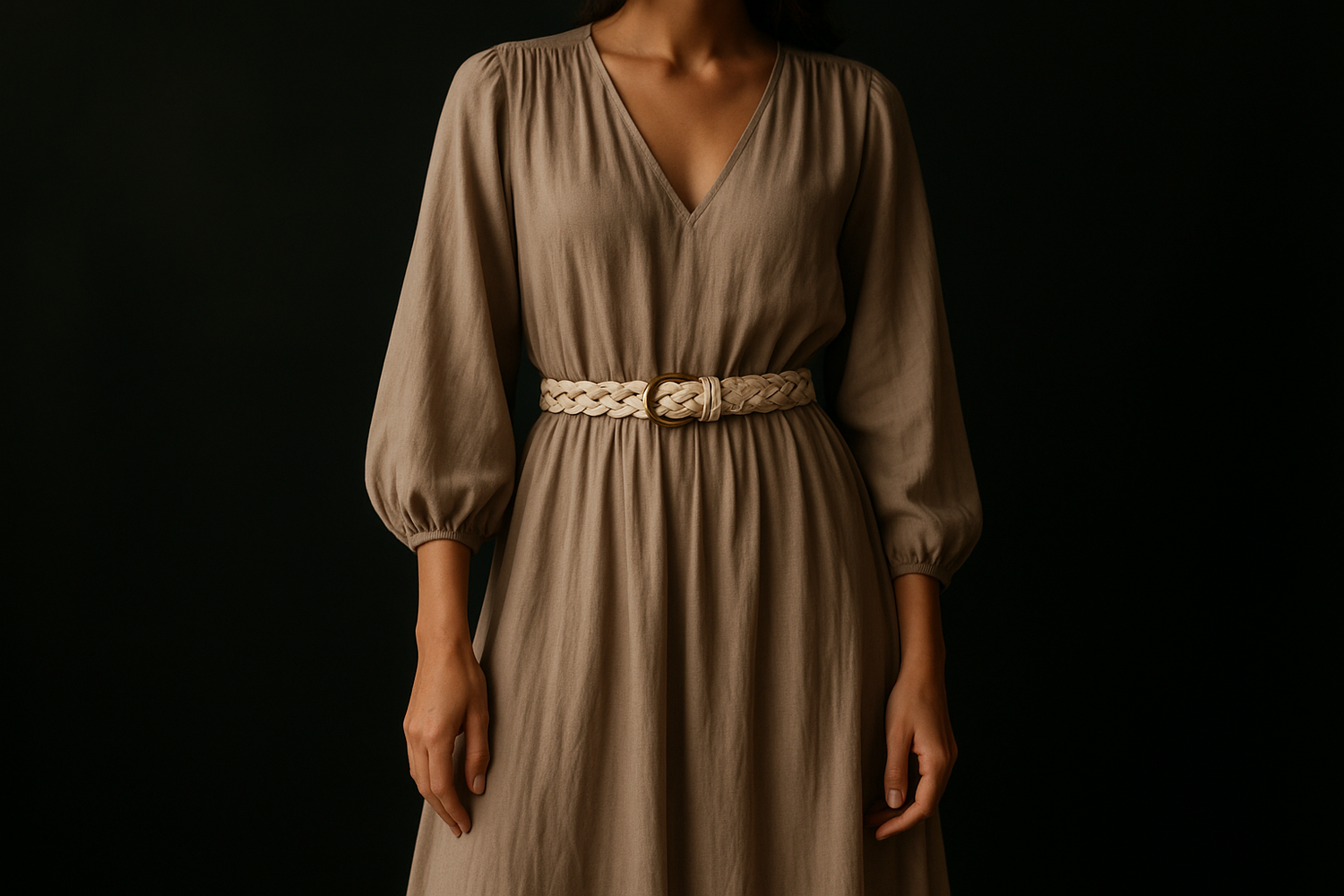 Woman styling vintage braided beige leather belt